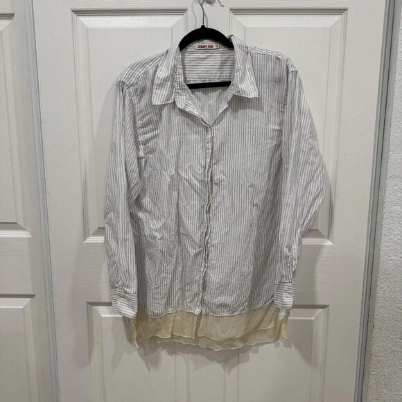 Johnny Was Women's Sz L Striped Button-up Top w/Gauzy‎ Trim at Hem Blue/White - Picture 2 of 9